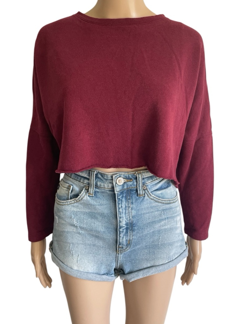Forever 21 Crewneck Solid Burgundy Red Cropped Long Sleeve Pullover Sweatshirt